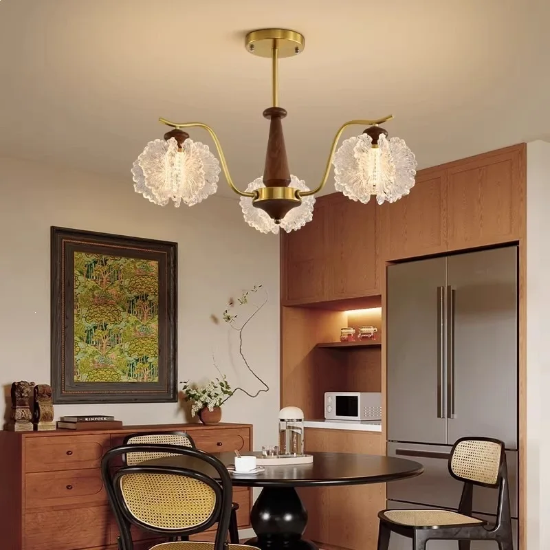 Living room chandelier antique French retro high-end petal bedroom light walnut color home solid wood hall light