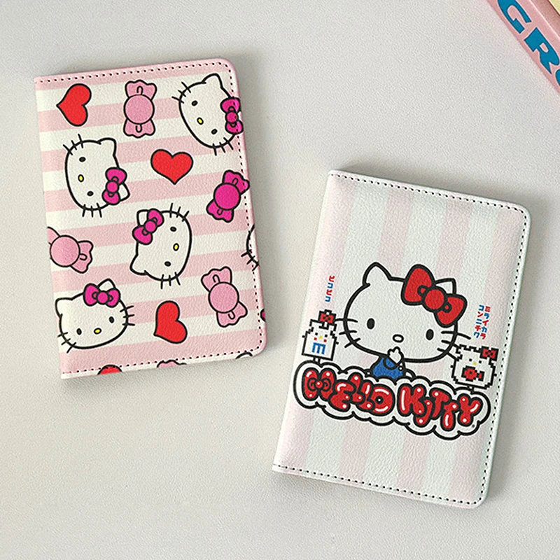 Sanrio Hello Kitty Passport Cover Women Travel Essentials PU Leather Passport Holder Case Girl's Cartoon ID Credit Card Holder