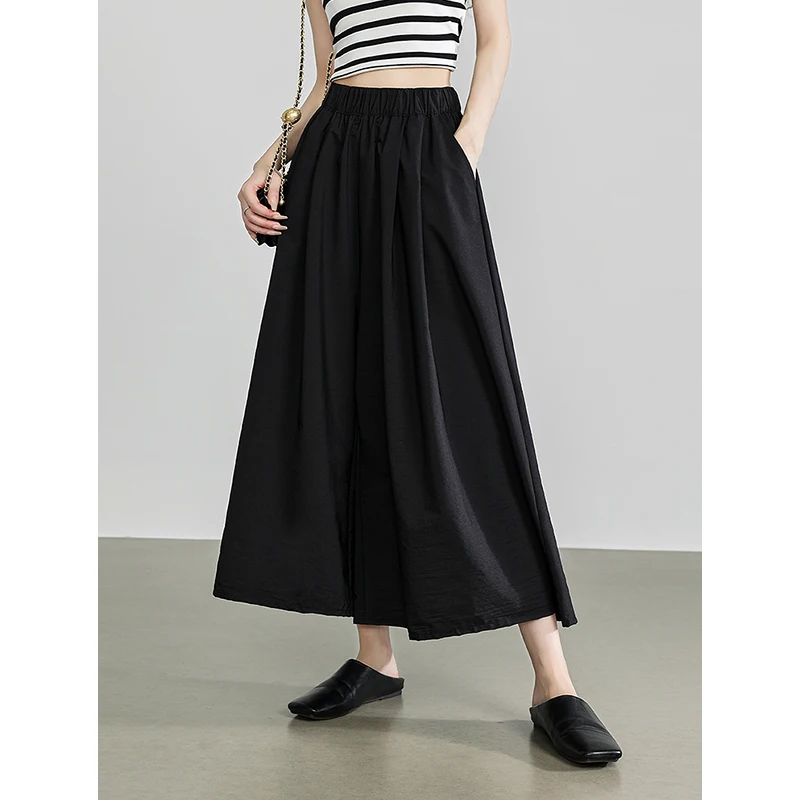TOYOUTH Women Casual Pants 2024 Summer New Pleated Solid Color Ankle Length Wide Leg Skirt Pants