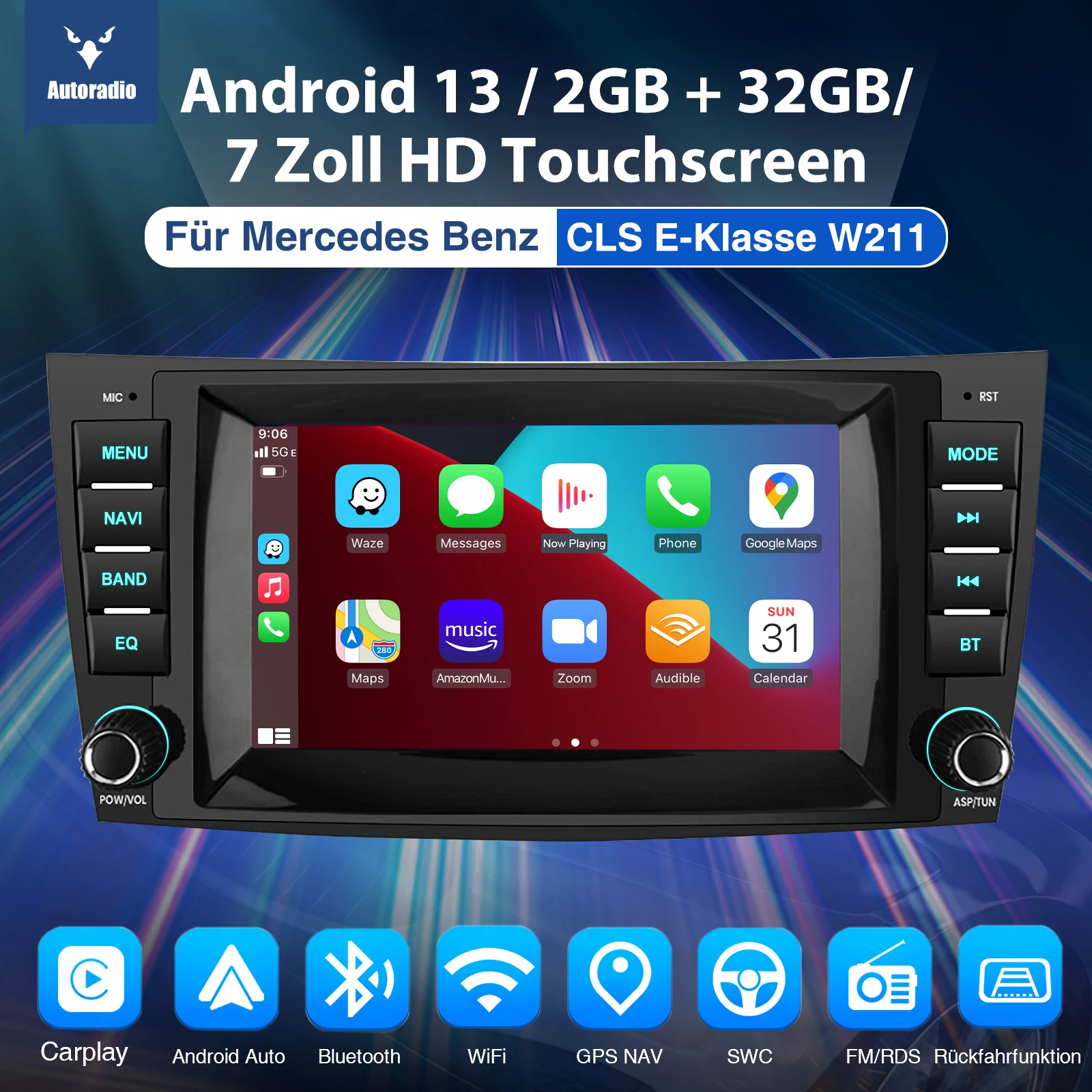 ESSGOO 2+32GB Carplay Car Stereo Multimedia Player Radio Android 13 GPS Navigtaion 7