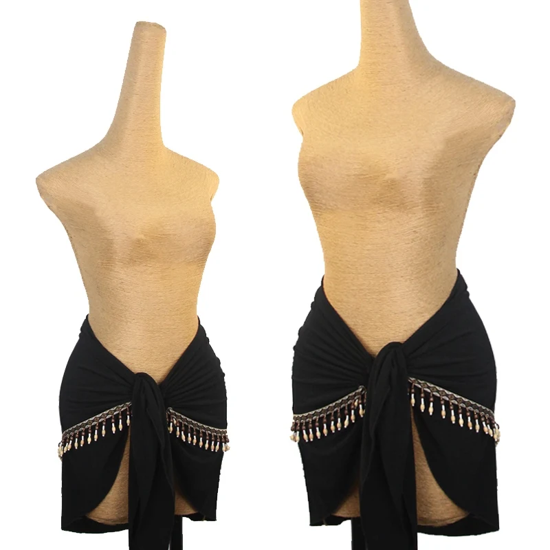 New Latin Dance Clothing Women Black Tassel Hip Scarf Black Sexy Short Skirt Adult Rumba Cha Cha Dance Practice Wear DNV22436