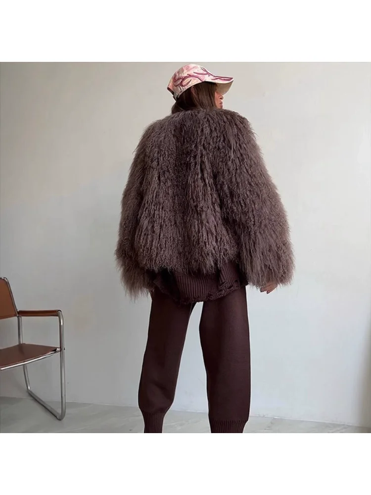 French Fashion Winter Dark Brown Synthetic Fur Wavy Plush Fluffy Soft Exquisite Elegant Party Loose Comfortable Dating Outerwear