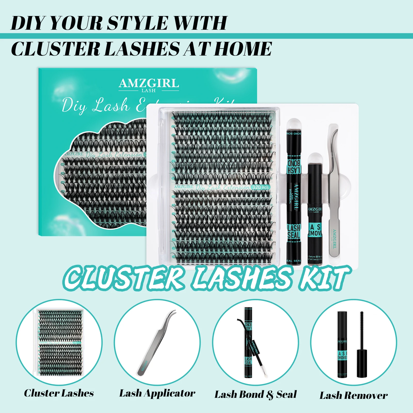 Amzgirl 320pcs DIY Lash Extensions Cluster Lashes Fast Apply at Home with Lash Glue Bond and Seal Remover Segment Eyelashes