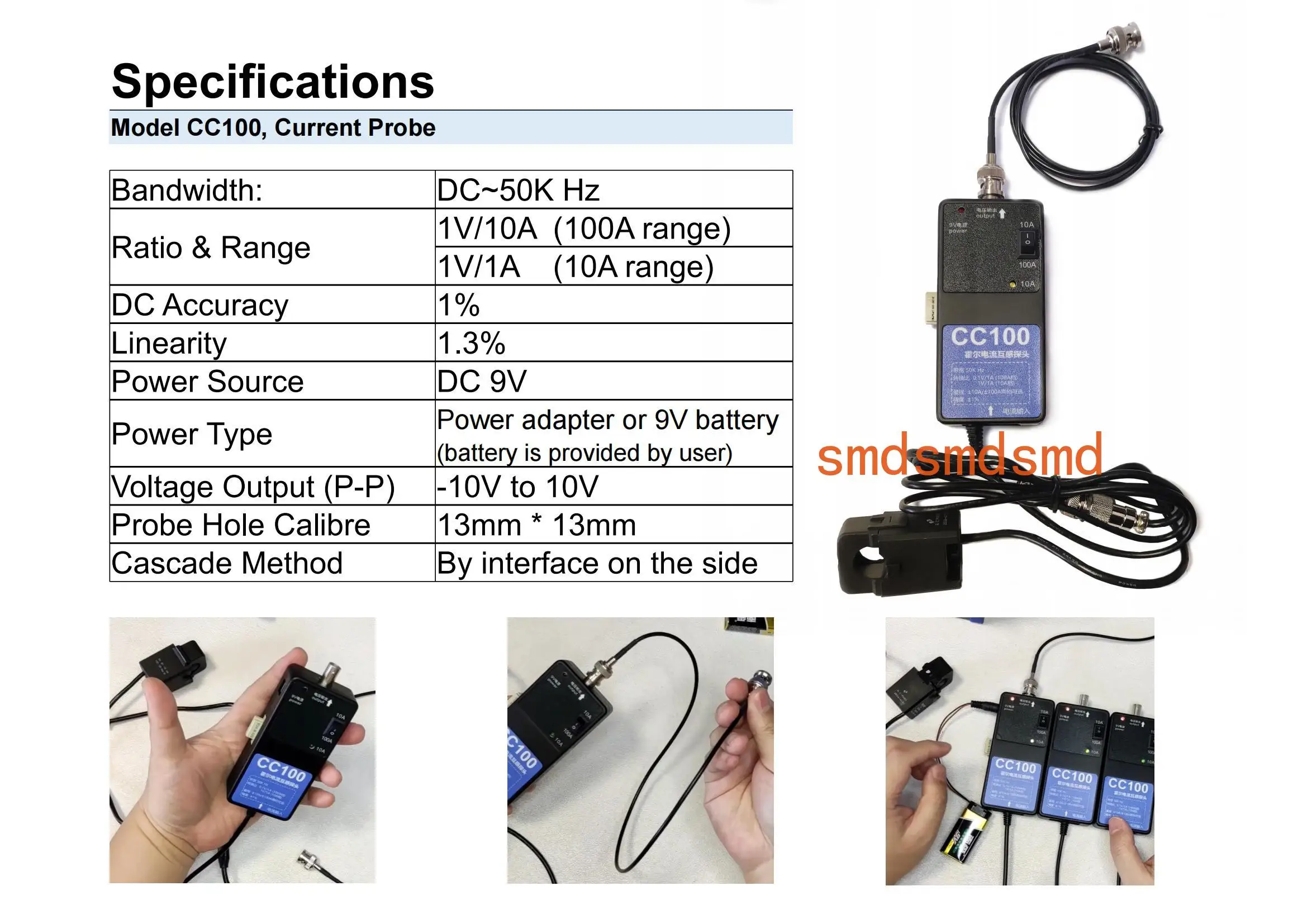 Current Probe(Current Clamp), Model  CC100, DC~50KHz, Universally Compatible Oscilloscope Current Probe