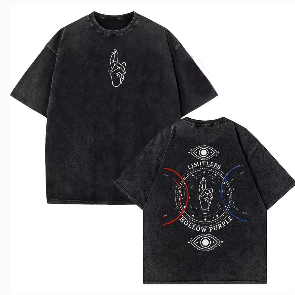 Anime Jujutsu Kaisen Gojo Satoru Print T-shirt Men Women Clothing Vintage Washed Tee 100% Cotton T Shirt Harajuku Tshirt