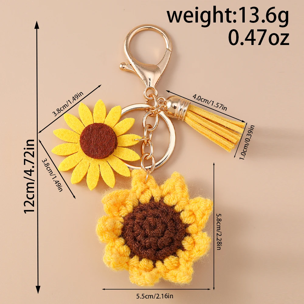 Pretty Handmade Knitted Sunflower Keychain Women Girls Crocheted Flower Key Ring Pendant for Handbag Decor DIY Key Chain Gifts