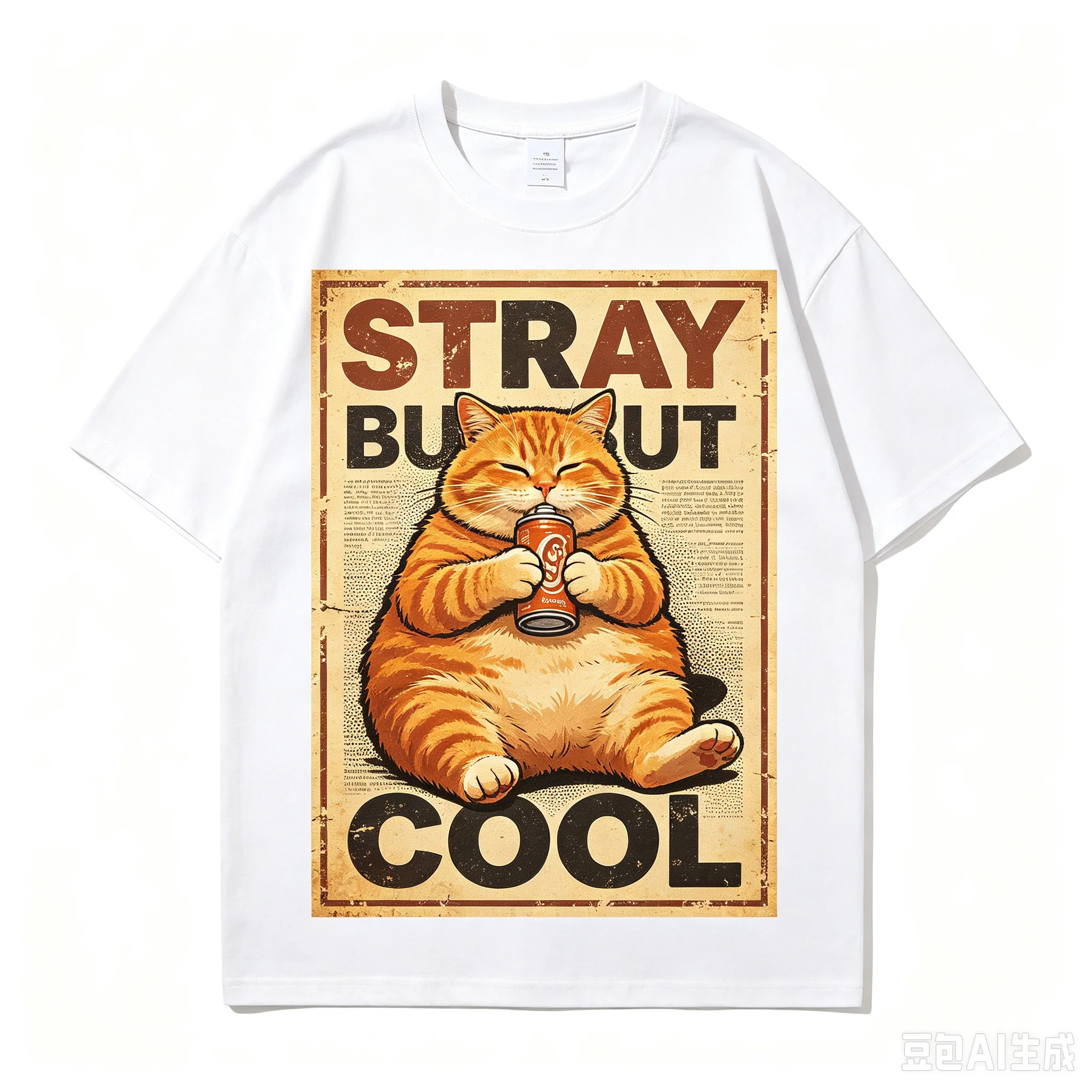 Unisex Men Women Oversized T‑Shirt Stray But Cool Chubby Orange Cat Drink Can Retro Vintage Poster Print Tees Casual Loose Short Sleeve Tops Old School Streetwear Cotton Tshirt