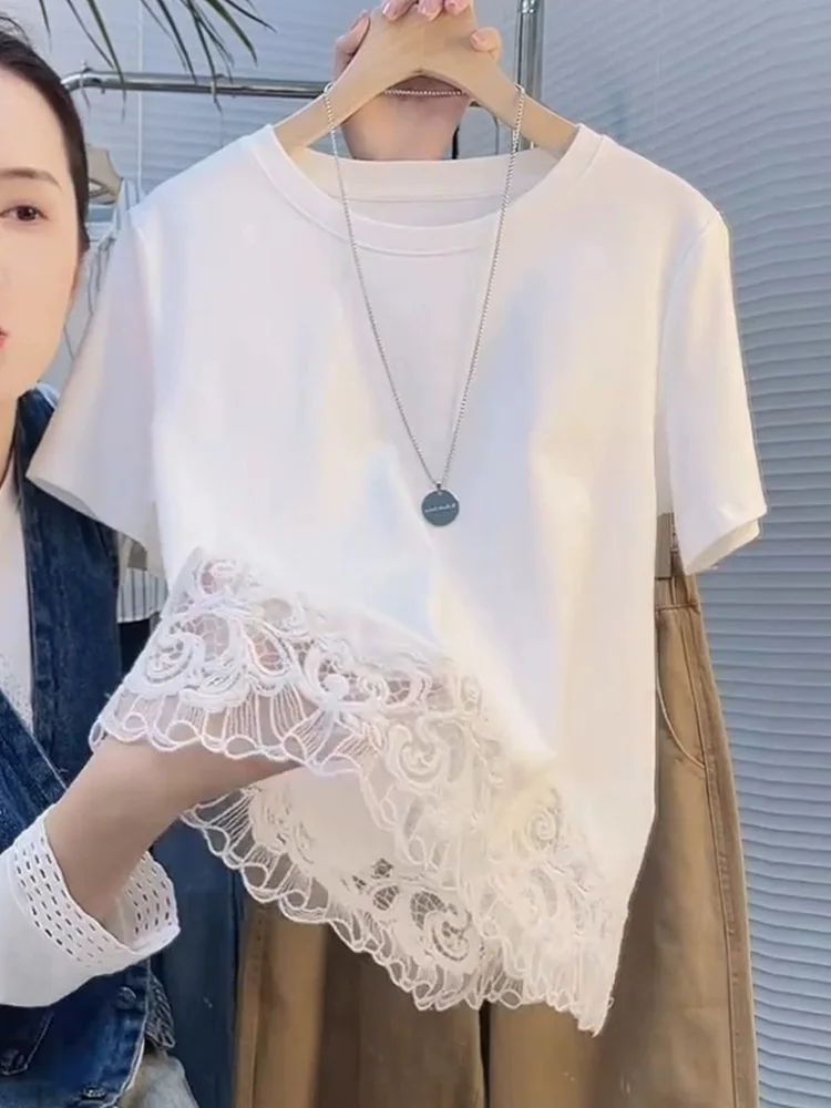 Coreano Sle Casual ort Sve T-shirt da donna vestibilità ampia in pizzo design giuntura top estivo Faionable anti-età