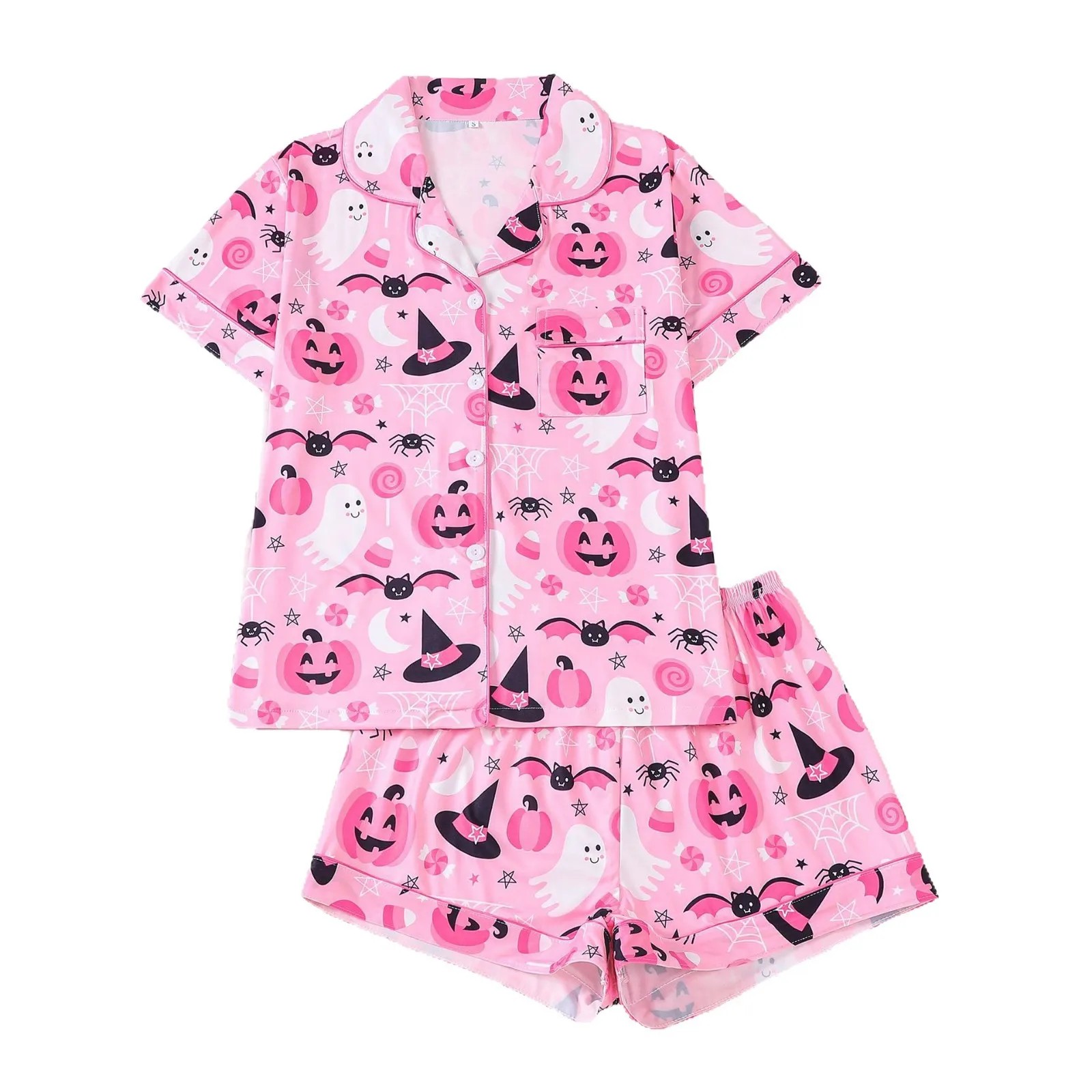 Set Piyama Labu Merah Muda Pakaian Rumah Kasual Nyaman Musim Panas Wanita Baju Tidur Pakaian Tidur Pesta Halloween untuk Anak Perempuan