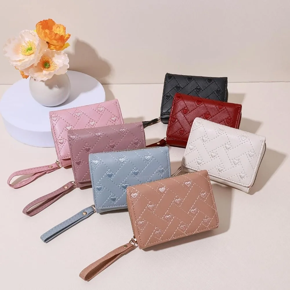 Fashion Short Style Love Embroidered Wallet PU with Zipper Card Bag Simple Design Buckle Detail ID Bag Women
