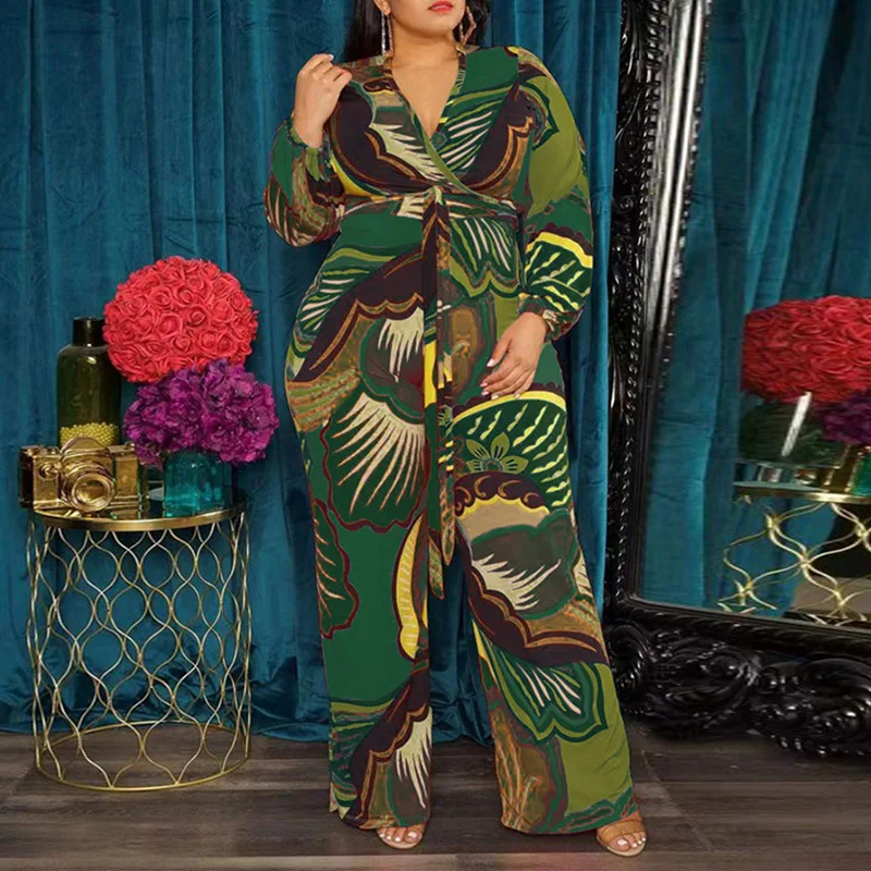 Spring Autumn New Fashion Temperament Trend Plus Size Office Lady Jumpsuit Vintage Sexy Print Loose Suit Women Oversized Clothes
