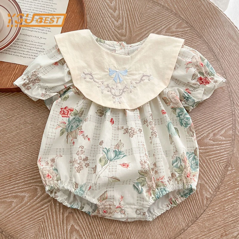 Summer Toddler Kids Baby Rompers Children Clothes Cute Infant Girls Short Sleeve Bowknot Embroidered Jumpsuit Baby Girls Rompers