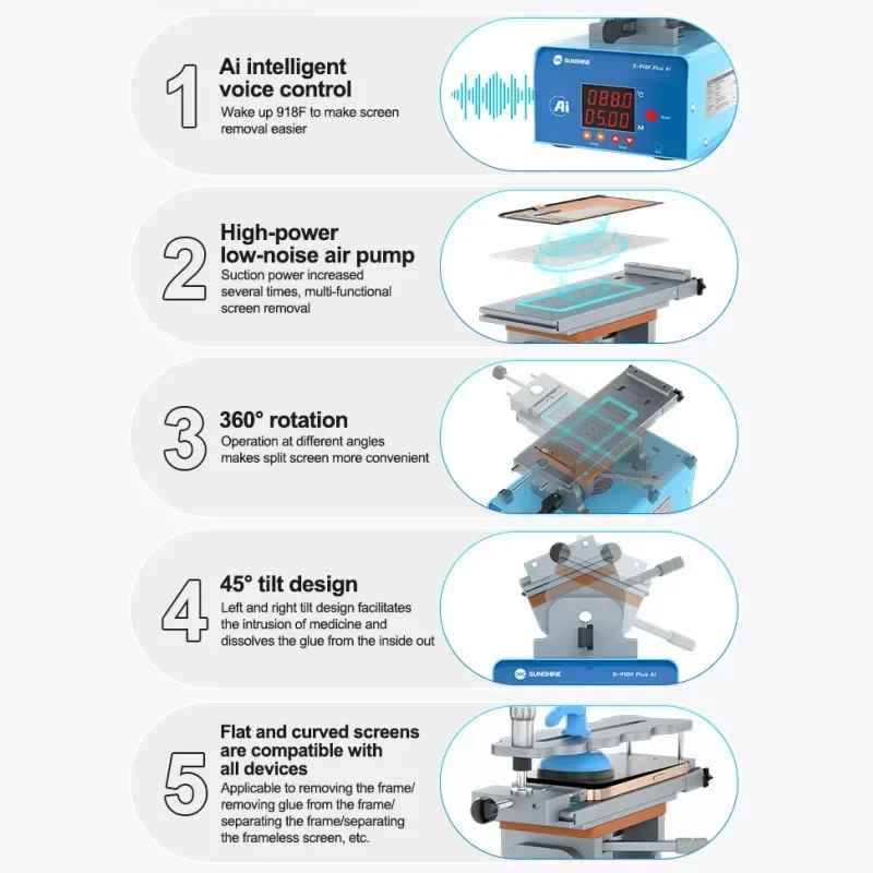 SUNSHINE S-918F Plus 5 in 1 LCD Screen Separating Machine with Ai Intelligent Voice Control 360° Rotation Screen Separator