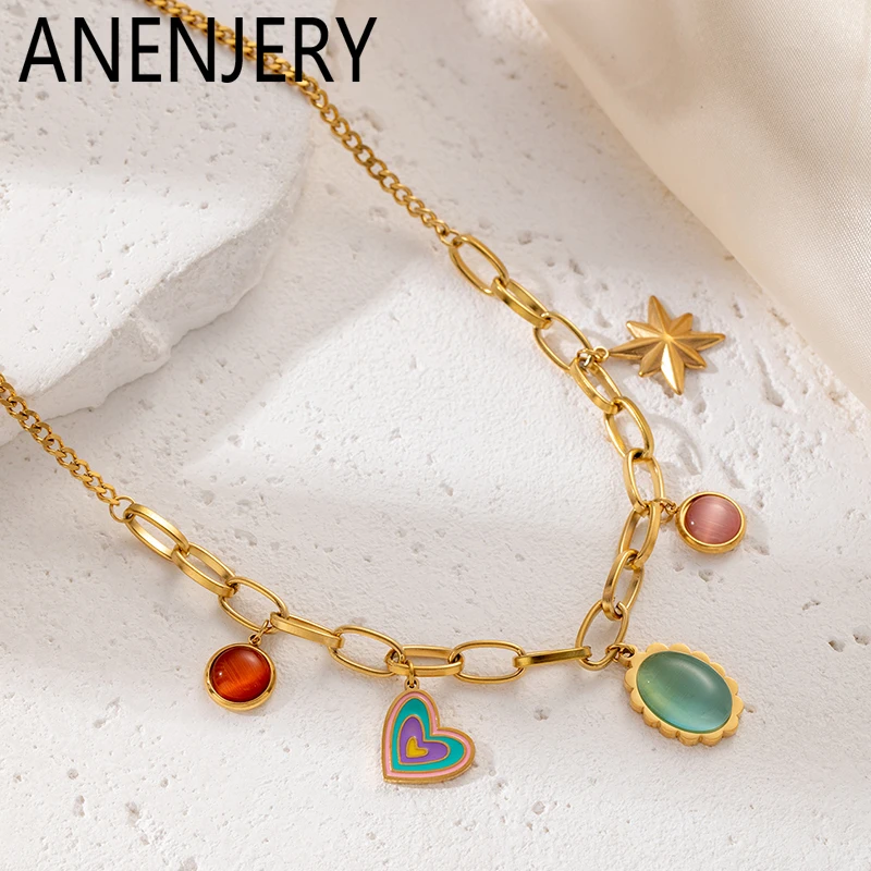 ANENJERY 316L Stainless Steel Colorful Stone Heart Star Pendant Necklace For Women Personality Jewelry Gifts Wholesale