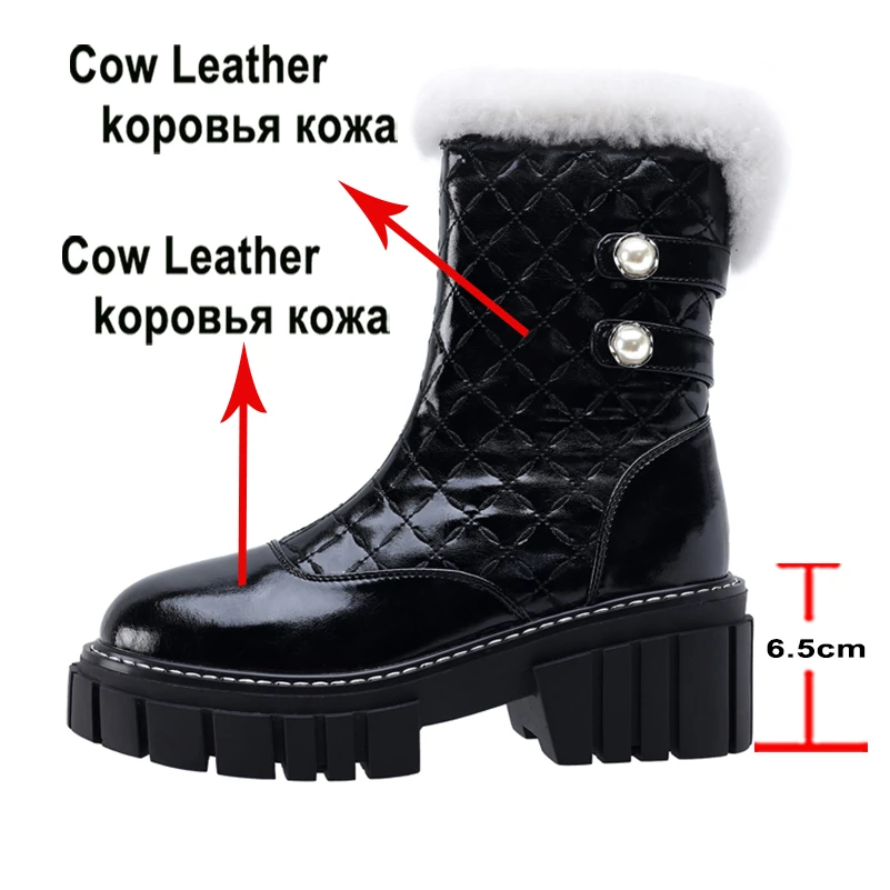 Meotina Women Genuine Leather Ankle Boots Round Toe Platform Thick High Heels Fur Zipper Short Boots Ladies Fashion Shoes Winter