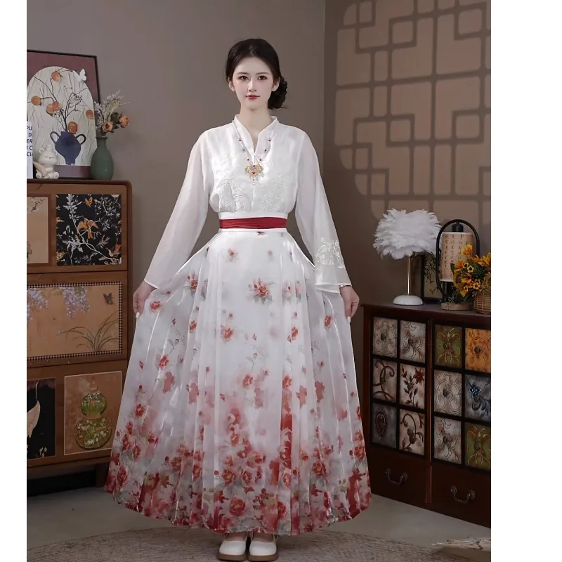 

Hanfu Top Floating Brocade Blouse With Micro-Porous Gauze Skirt Women Chinese Style Outfit