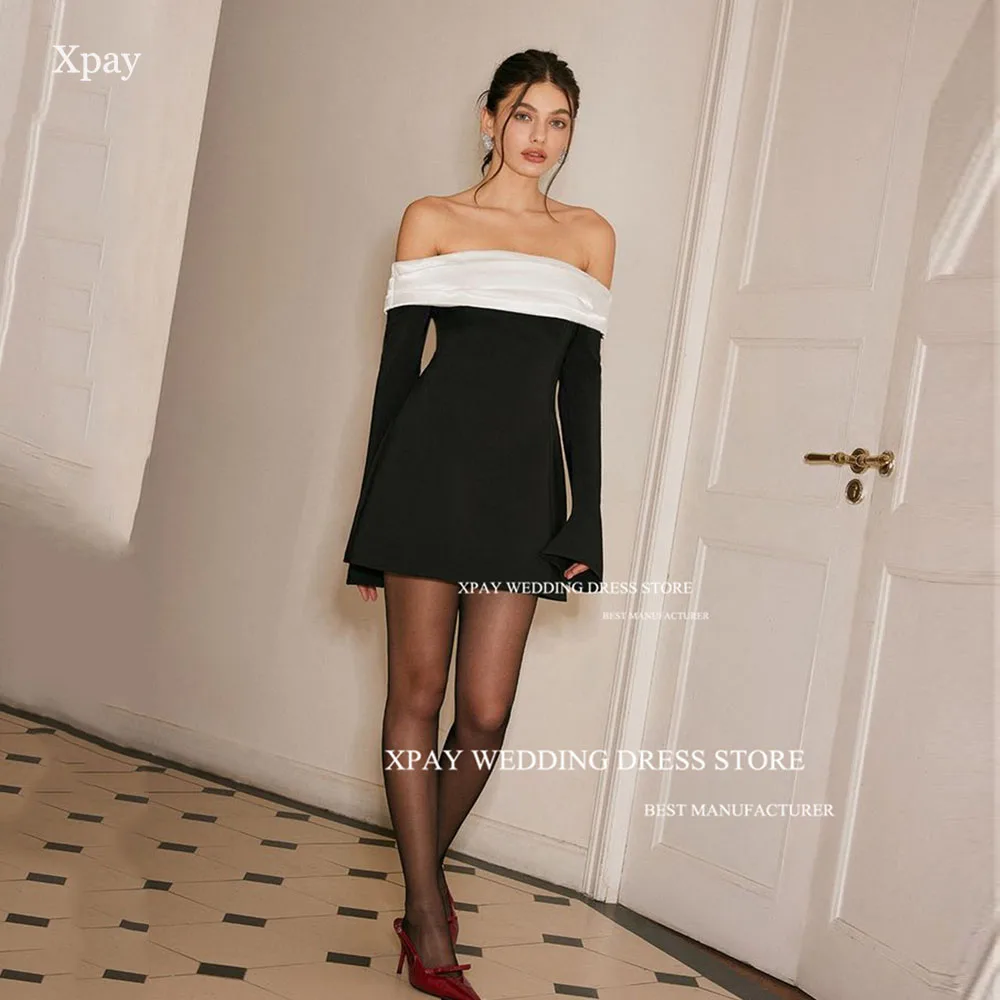 

XPAY Elegant Black Short Evening Dresses Off Shoulder White Neck Long Sleeves Women Prom Gown Customized MIni Formal Party Dress