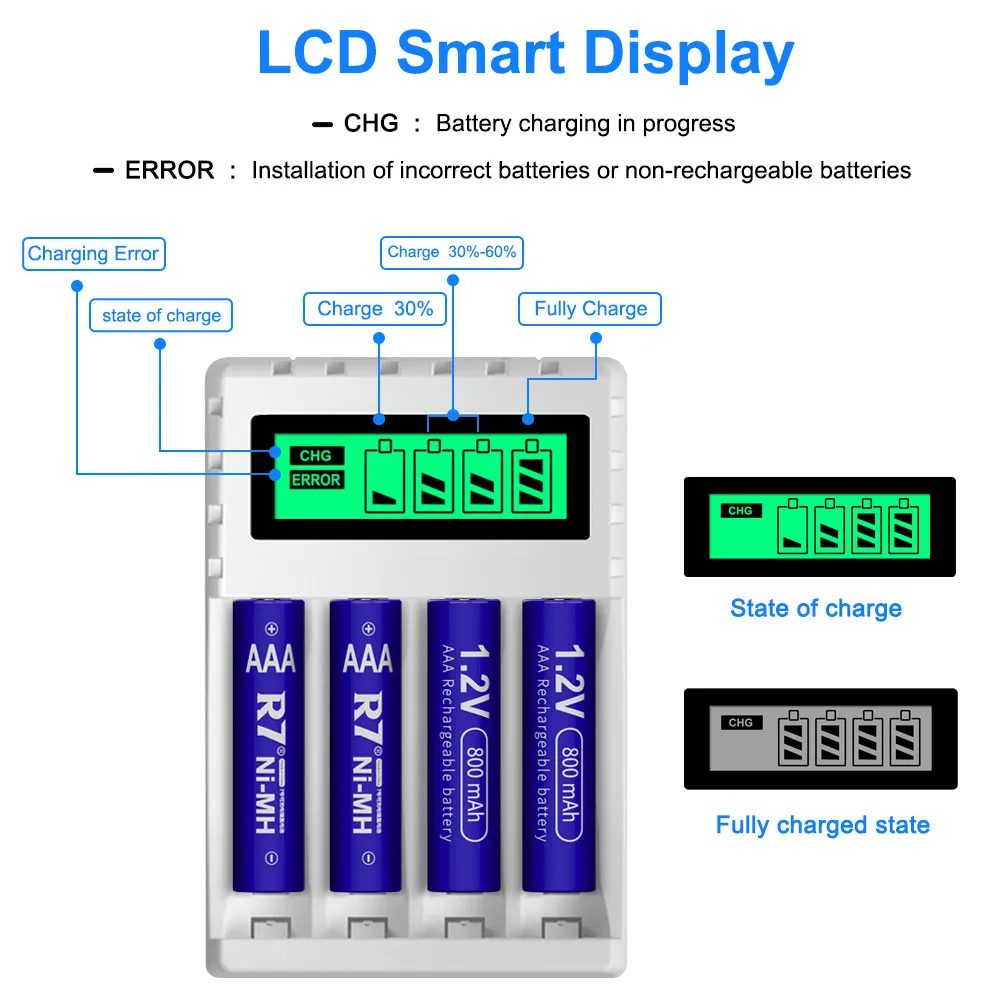 Batteria AAA ricaricabile R7 1,2 V Batterie NiMh aaa da 800 mAh con caricabatterie intelligente a 4 slot