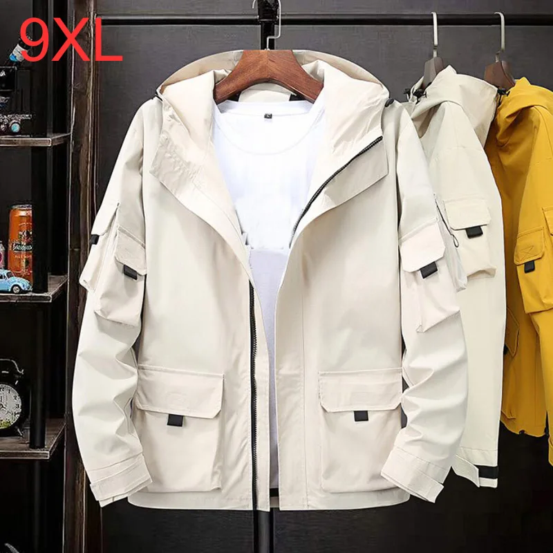 Autumn Spring Men Cargo Jackets Hooded outwear korea style zipper out door coat large size 7XL 8XL 9XL loose jackets