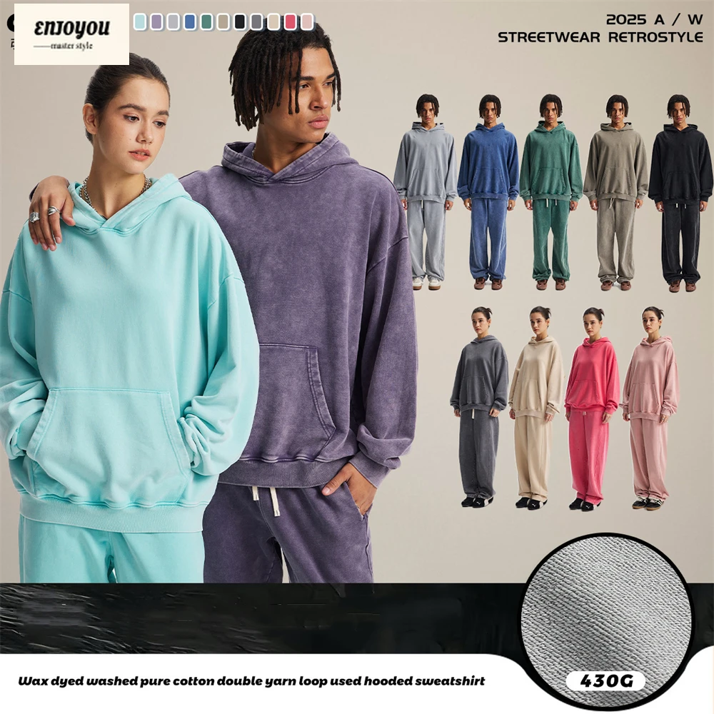

ENJOYOU винтажная мужская хлопковая толстовка с капюшоном из стираного хлопка в стиле батик, унисекс, 430 г/м2, повседневные рваные однотонные пуловеры с капюшоном в стиле ретро, пальто HY1104