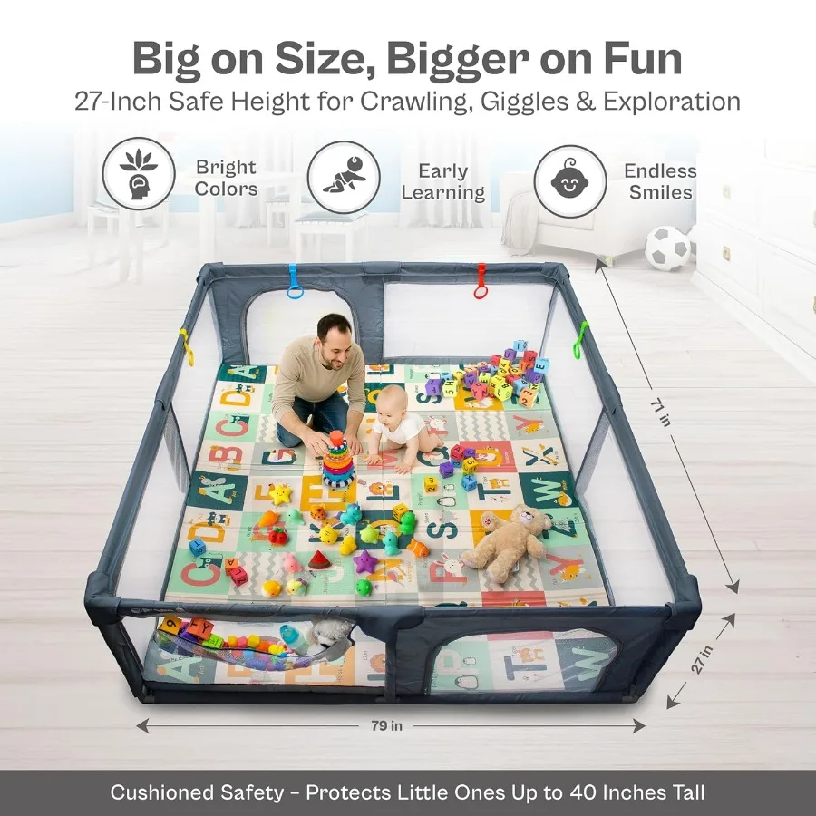 Grande box per bambini da 79x71 pollici con tappetino per uso interno ed esterno Recinzione di sicurezza in rete morbida e traspirante con cancello con cerniera Ideale per