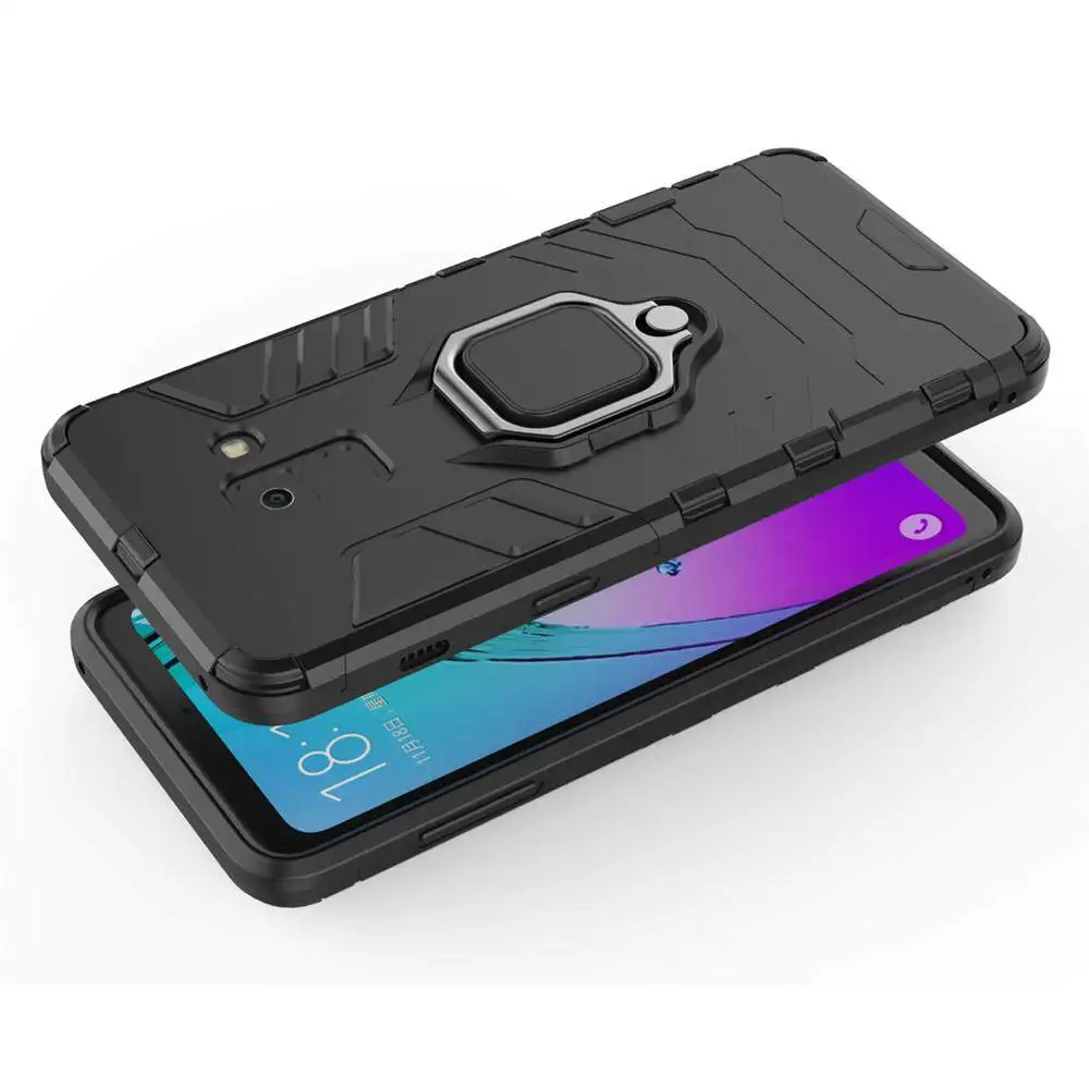 For Samsung Galaxy A8 2018 Phone Case, Silicone TPU and Hard PC Luxury Armor Shockproof Metal Ring Holder Cover Casing