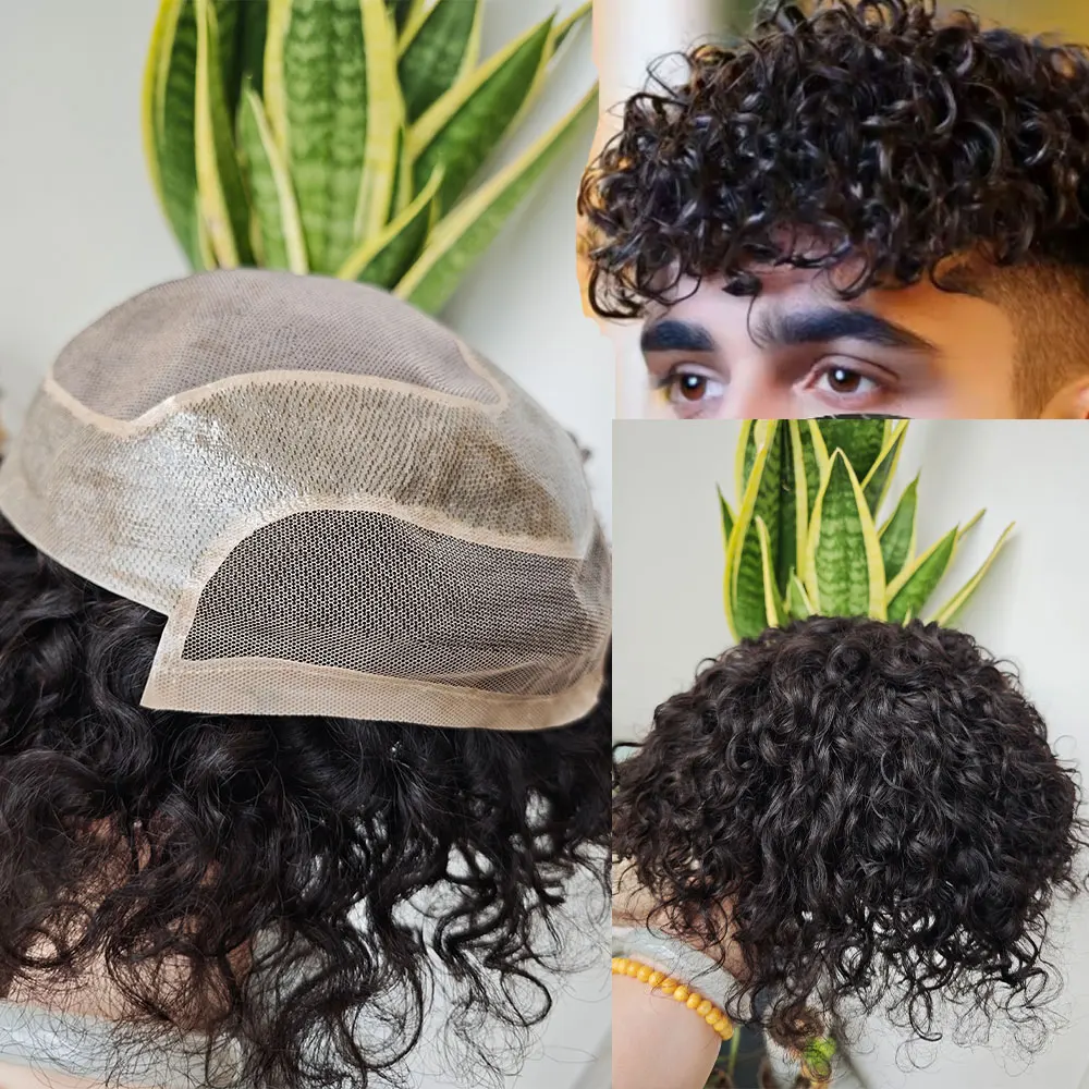 Men's Toupee Human Hair Curly 20MM Hair Piece Natural Hairline Lace Front PU Mono Lace 8x10 Inch Hair Replacement Systems
