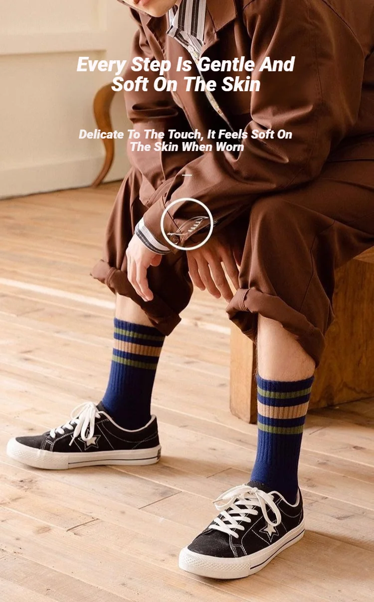 5 Paar bunt gestreifte Freizeitsocken für Herren, modische, schweißabsorbierende und atmungsaktive Sportsocken, geeignet für alle Jahreszeiten, weich – Detail 7