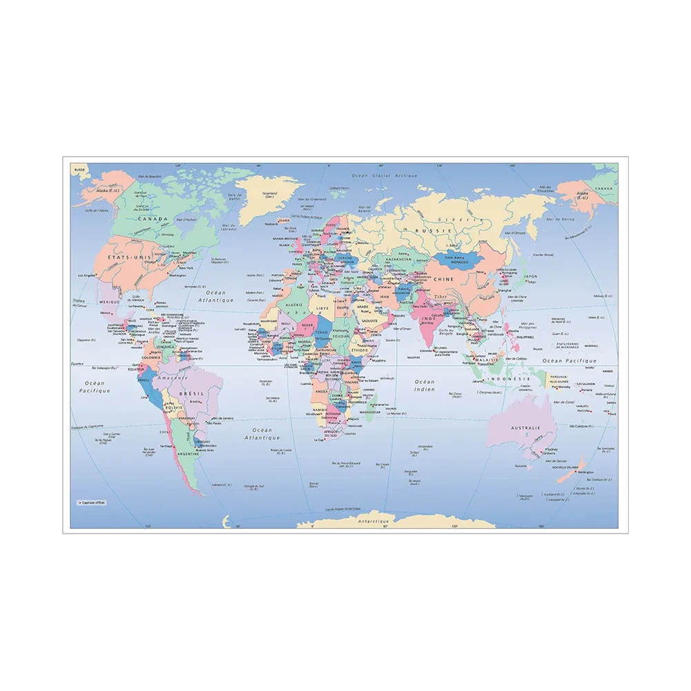 A2 Rozmiar-59x42cm Mapa świata w języku francuskim w rolce Płótno bez ramki Wiszące plakaty Tła do dekoracji Prezent Salon