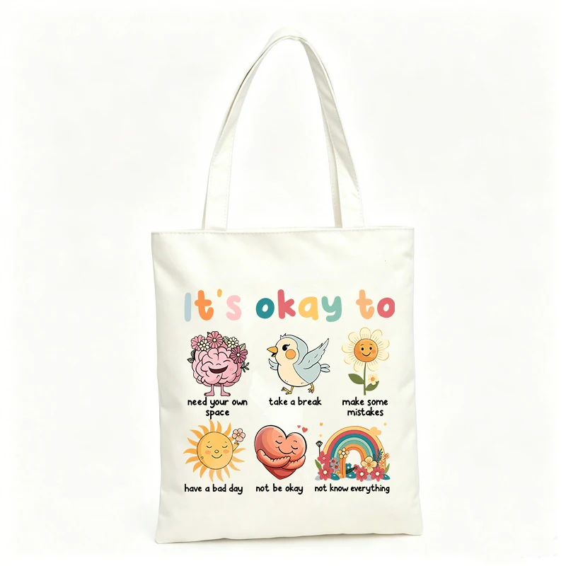 Women's canvas tote bag with brain, bird, sunflower, sun, heart and rainbow graphics, ideal for daily use and casual outings