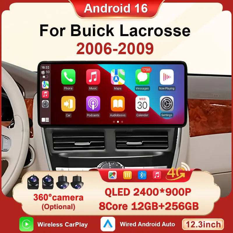 

12.3" Ultra-thin Screen Android 16 Carplay for Buick Lacrosse 2006-2009 Car Radio GPS Navi Auto BT Player Stereo DSP Multimedia