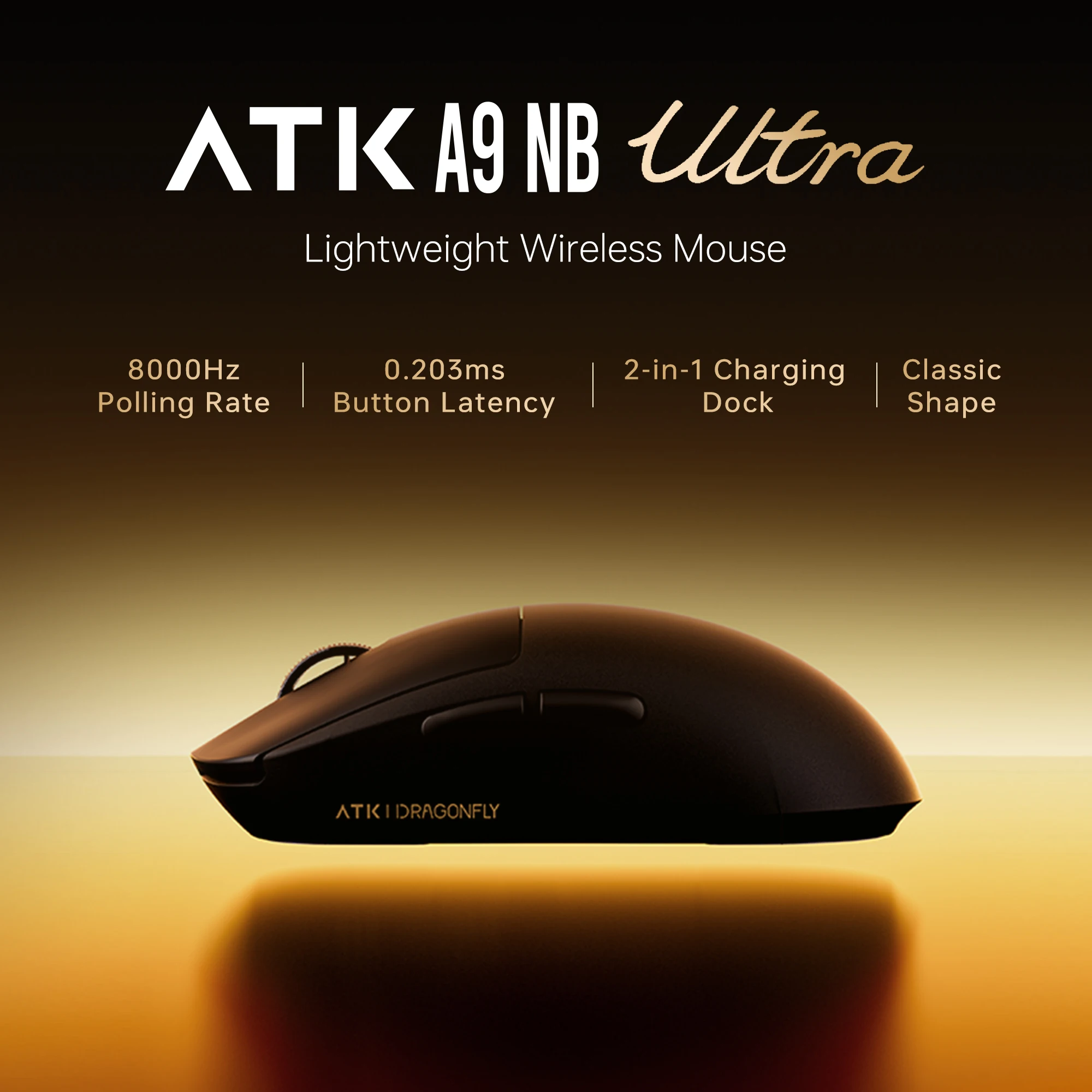 Mouse Gamer Sem Fio ATK A9 NB Ultra Leve PAW3950Ultra 8KHZ 750IPS 800mAh para Esports com Estação Base 2-em-1 Ultra Leve