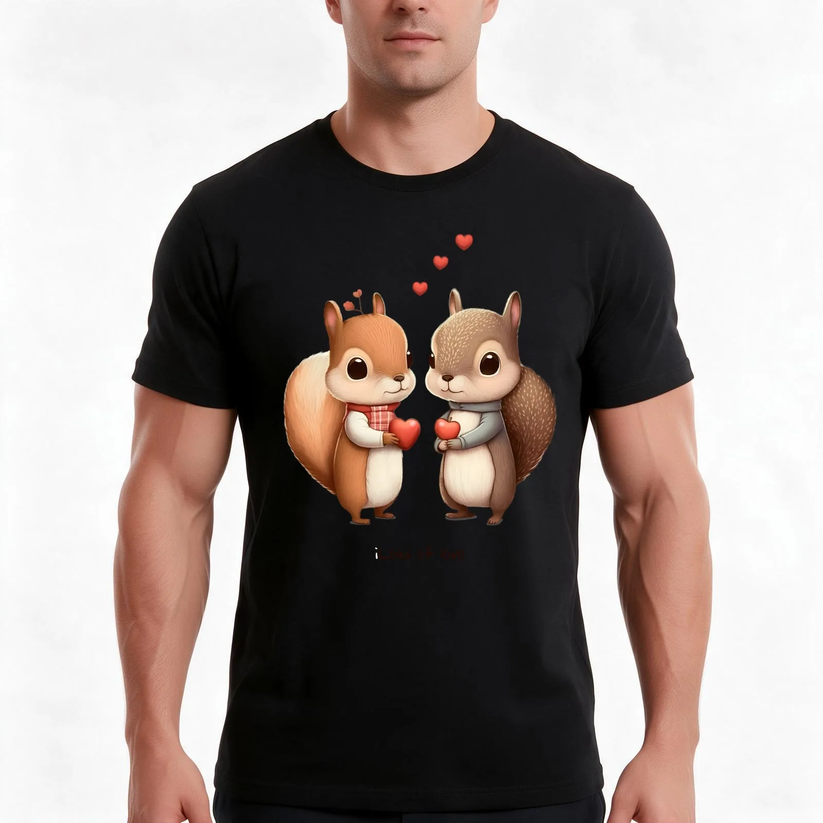 Squirrel Couple Holding a Heart Acorn T-Shirt, Summer Casual Cotton Tee, Oversized Streetwear Tops, Vintage Graphic Print
