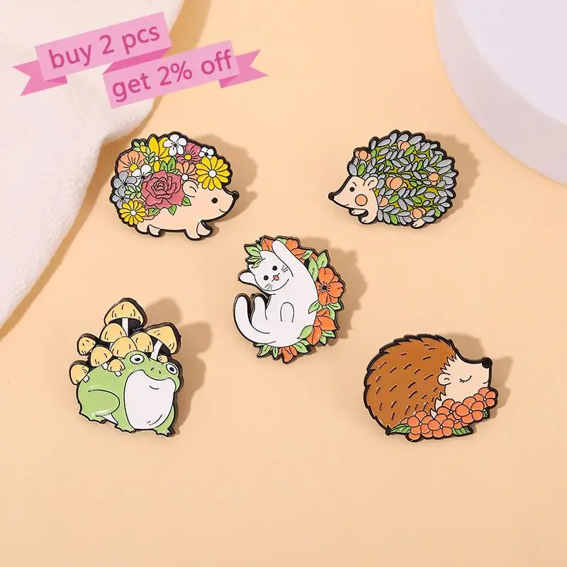 Floral Animals Enamel Pins Custom Hedgehog Cat Frog Mushroom Brooches Lapel Badges Cute Kawaii Jewelry Gift for Kids Friends