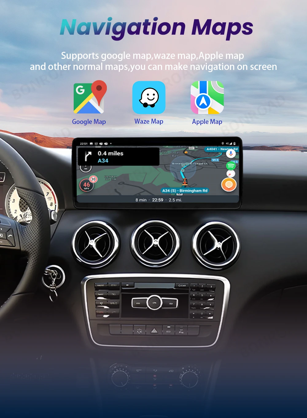 BONROAD 2400*900 12,3 Zoll Touchscreen Ultra-Dünnes Auto-Multimedia-System mit Wireless CarPlay, Android Auto, Radio, GPS für Mercedes Benz C GLC V W204 W205, GPS-Display, Navigation, Stereo, Mirrorring, Airplay, Autolink – Detail 7