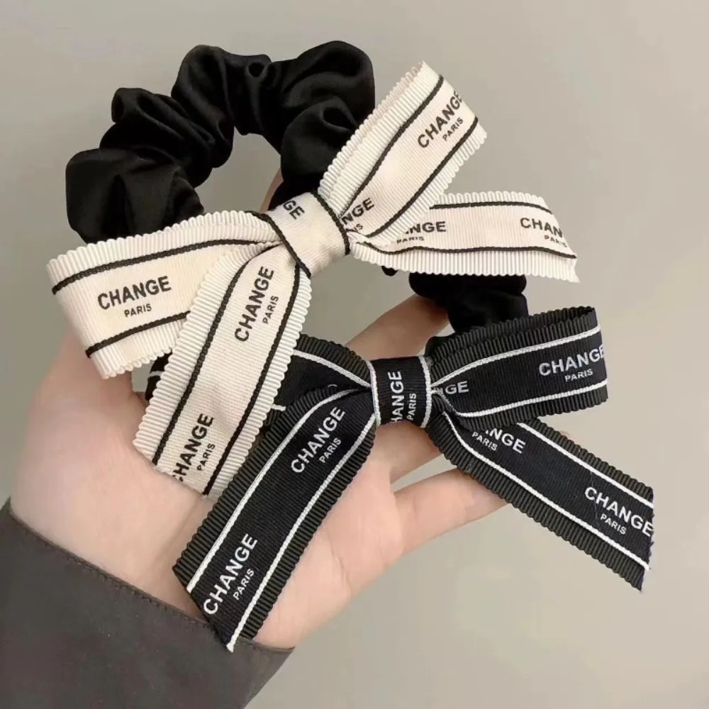 

Korean Large Bow Hair Rope Ponytail Braided High Elastic Wrinkle Headband No Harm Tie Hair Retro Letter Hairband