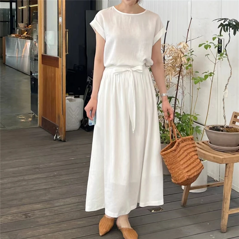 REALEFT Summer Cotton and Linen Women\'s Outfits Sets Casual O-Neck T-Shirts and Elastic Waist A-Line Skirts Female Suits