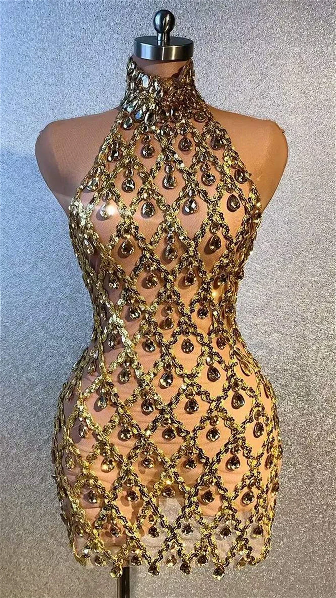 Sparkly Sheer Mesh Hot Drilling Process Black Gold Rhinestone Club Night Celebrity Stage Wear Birthday Dress Drag Queen Costume