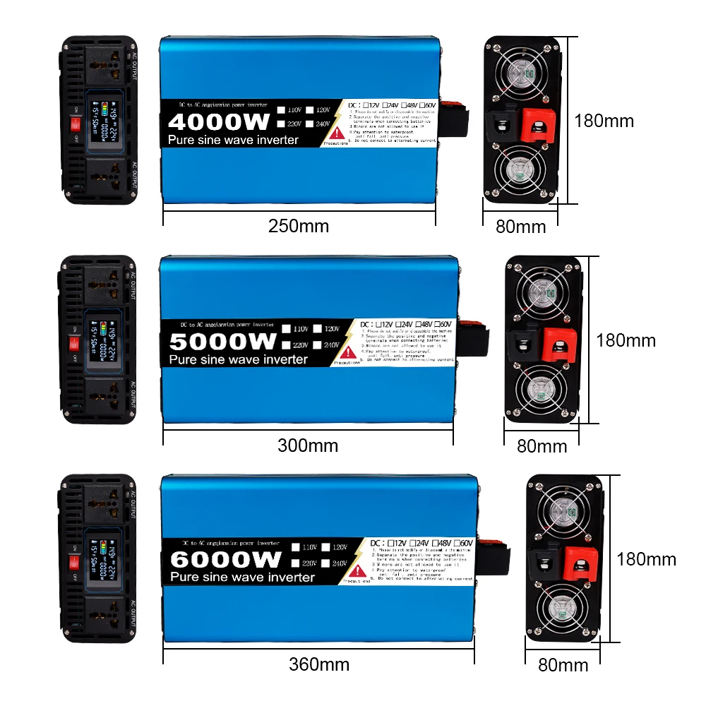 Pure Sine Wave Inverter 6000W 5000W 4000W DC 12V To AC 220V 60Hz Two socke Power solar Car Inverter With LCD Display Converter