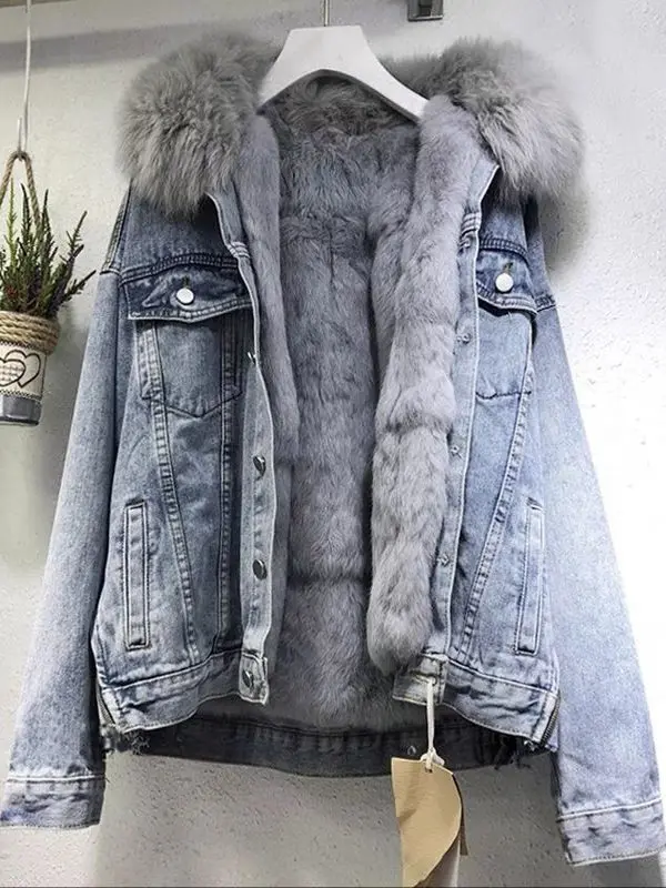 

Thiened Faux Fur Collar Denim Jaet Women's Casual Sle ort Loose Fit Cotton Blend Fce Lined Winter Outerwear