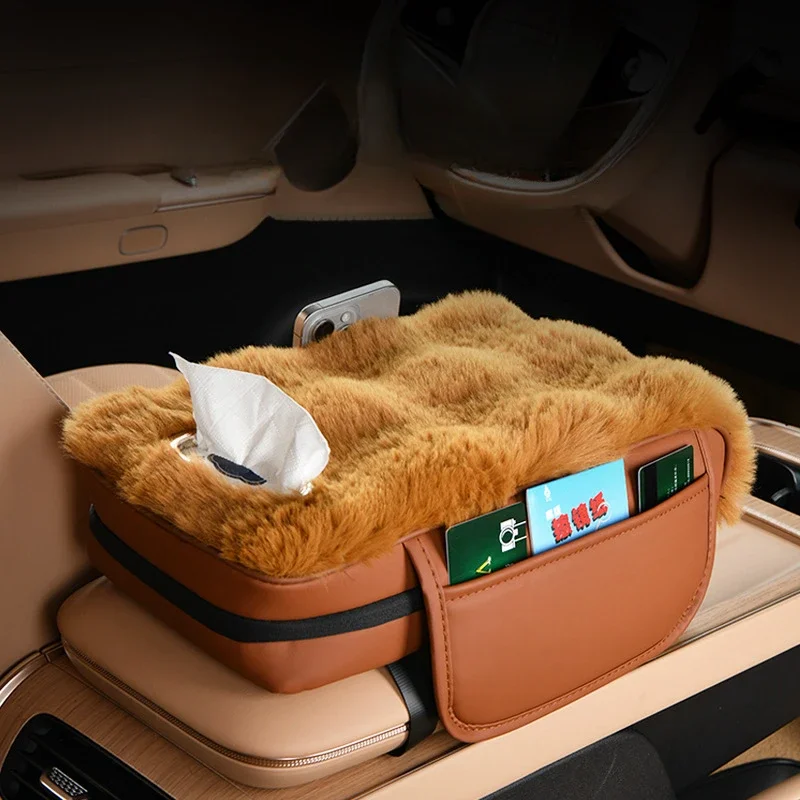Plush Car Armrest Cushion With Tissue Box Winter Warm Fluffy Auto Center Console Arm Cover Pads Automobile Interior Accessories
