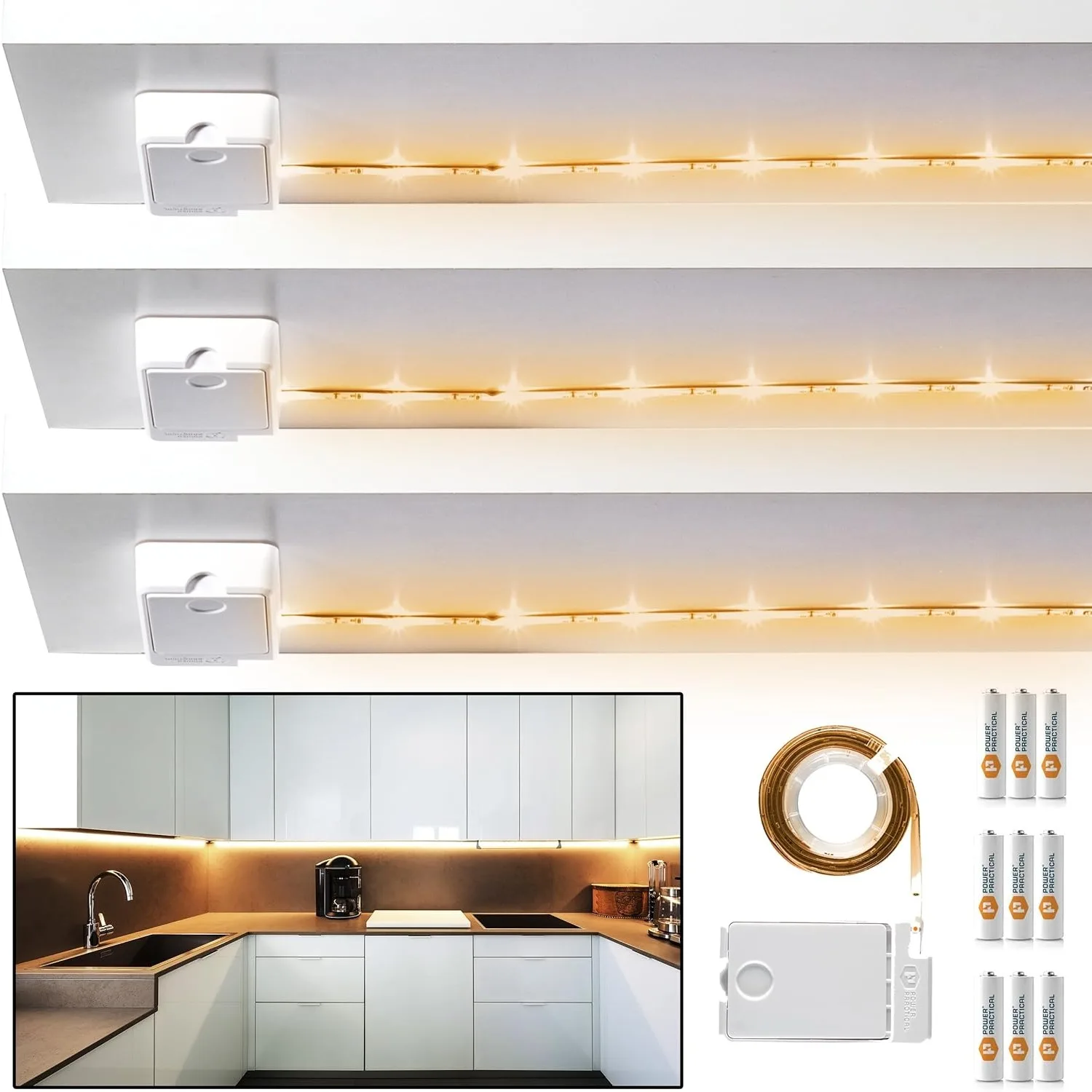 Luminoodle Under Cabinet Lighting Click LED Light Strip for Shelves Kitchen Cabinets 3-Pack Tape Adhesive Warm White 2700K