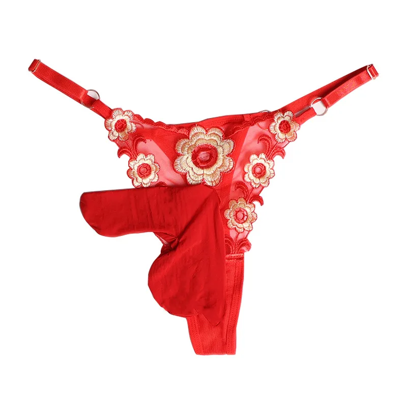 Men's Sexy Thong Lace Floral Embroidery G-String Bullet Separation Pouch Underwear Adjustment Belt Panties Sissy Briefs