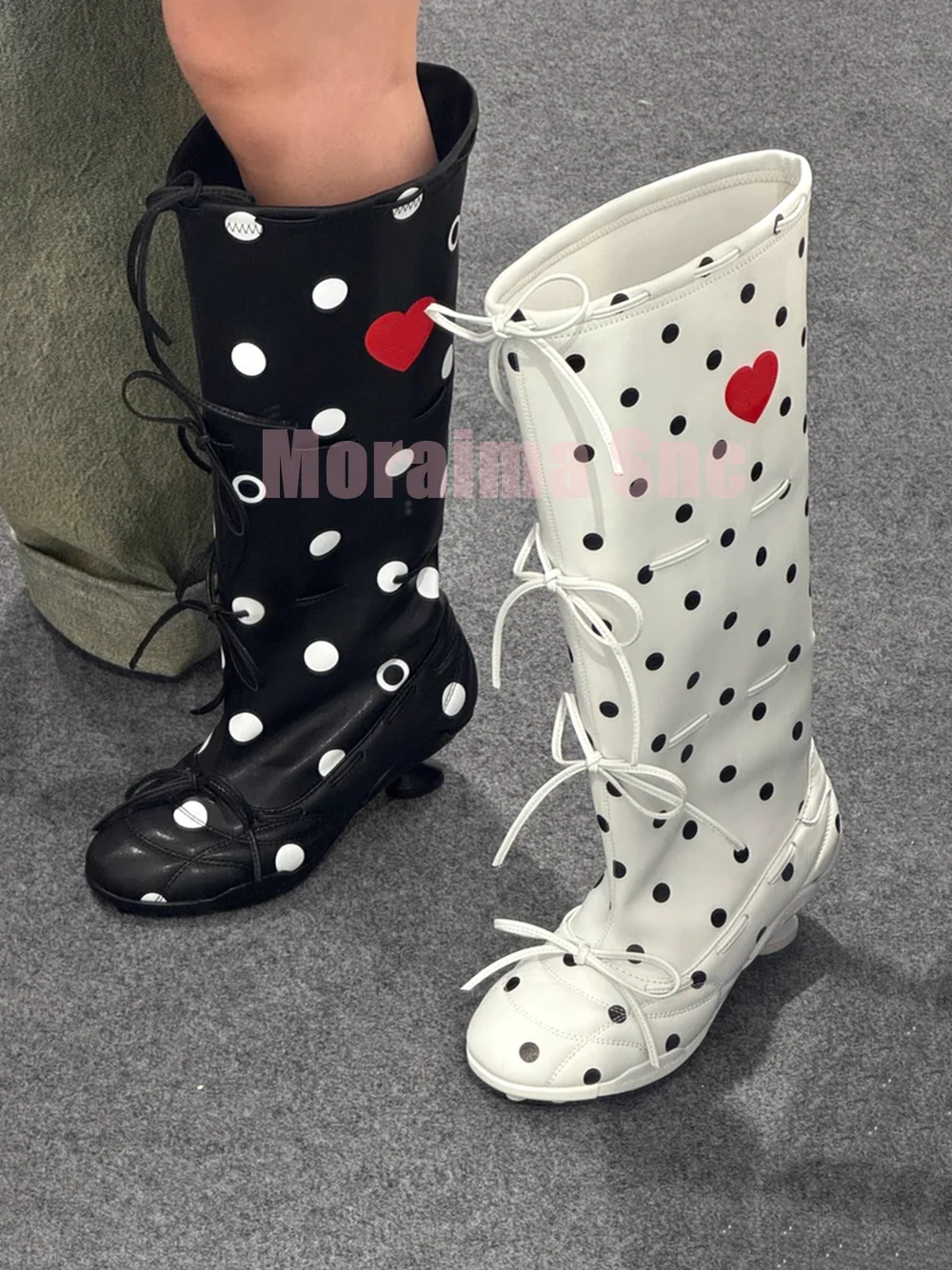 

Butterfly Knot Polka Dot Knee High Boots Round Toe Strange Mid Heel Fashion Unique Women Ballet Long Boots Autumn Winter Slip On