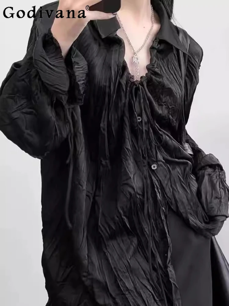 

2025 new chic drawstring pleated long sleeve simple temperament shirt girls lace-up flare sleeve loose sunscreen top summer