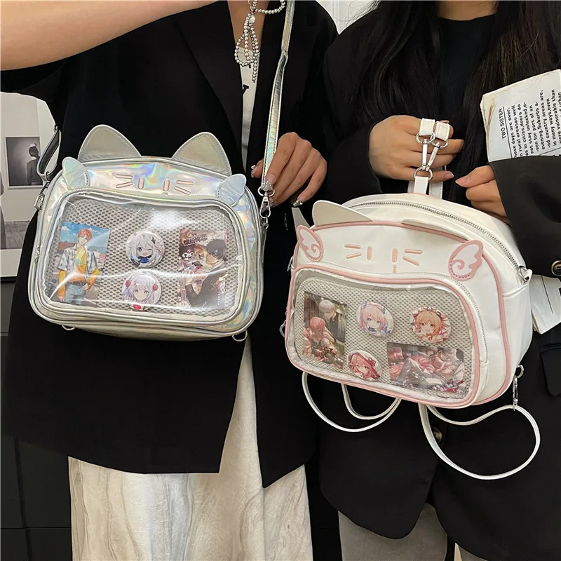 Y2K Japan Silver Cat Backpack Cute Ita Shoulder Bags Sweet Girl Transparent Pocket Travel Bag Women Crossbody Bag Mochilas sac