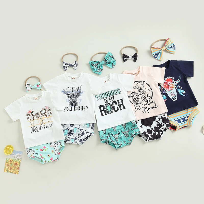 Toddler Baby Girls 2pcs Clothes Set Casual Summer Short Sleeve Bull Print T-shirts Short Pants Headband Children Outerwear