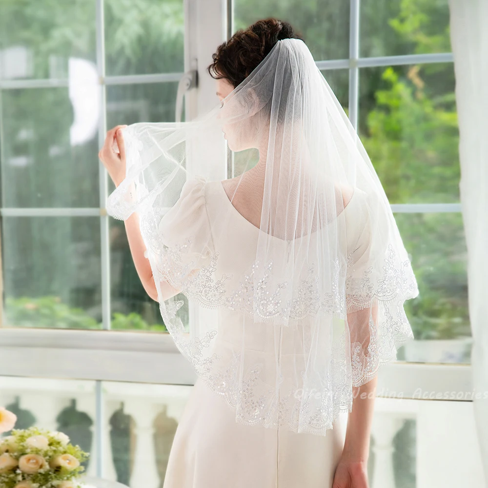 

Элегантная двухслойная кружевная аппликация с блестками и аппликацией длиной до кончиков пальцев, фата для свадьбы, аксессуары для свадебной фаты