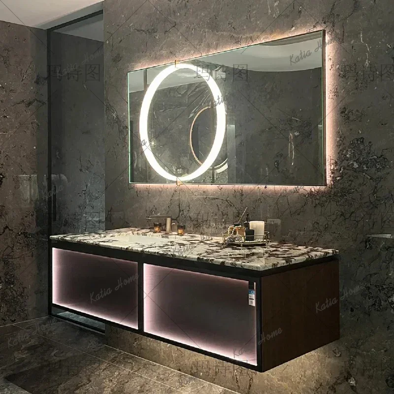 PG Luxury stone countertop bathroom cabinet combination bathroom washing hand pool solid wood baking paint