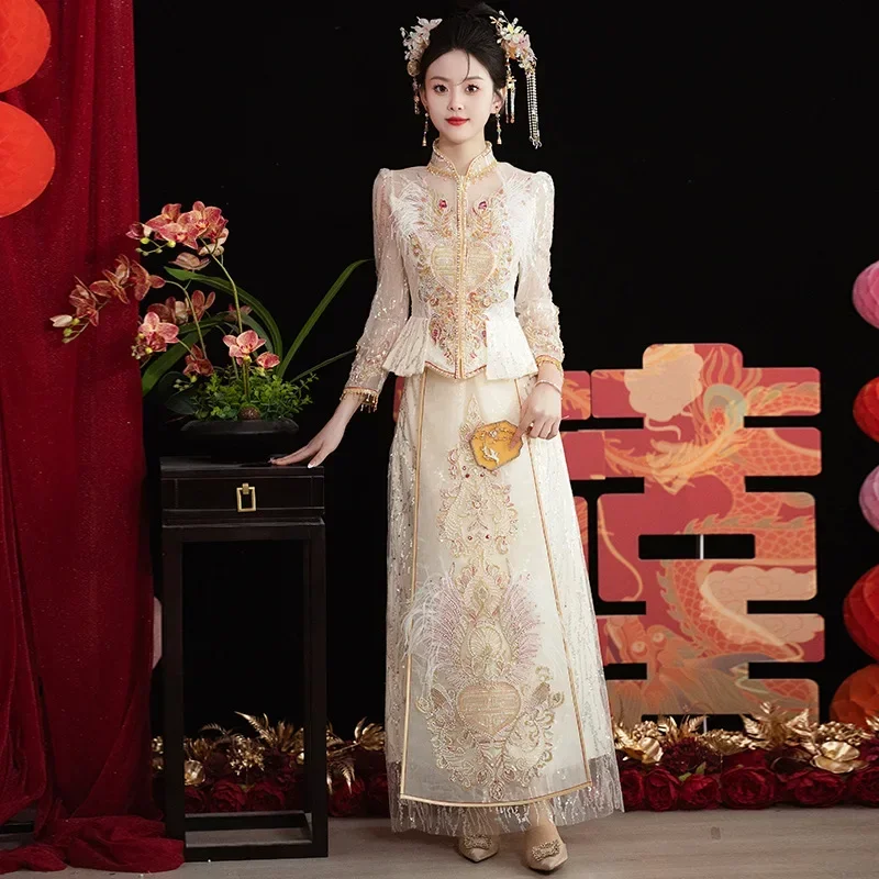 Chinese Clothes for Women Reduction Xiuhe Bride Wedding Chinese Wedding Dress Toasting Cabinet Tassel Pearl Tang Suit